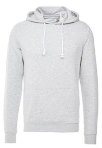 Grijze katoenen hoodie met een voorste zak, verstelbare trekkoorden, ribbels bij de manchetten en zoom. Zachte textuur met een gladde afwerking.