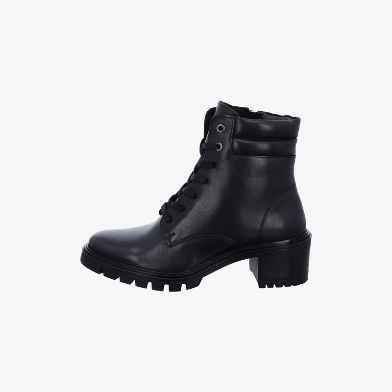 Black leather ankle boot with lace-up front, padded collar, chunky heel, and rugged sole, viewed from the outer side.