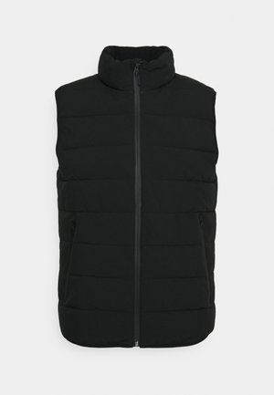 Black quilted sleeveless vest with front zipper and two zippered side pockets, featuring a high collar for added warmth.