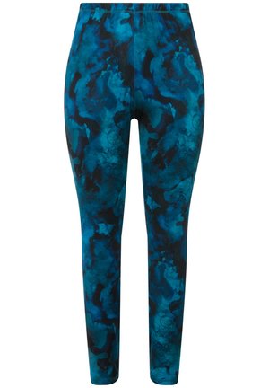 Blå og sorte mønstrede leggings lavet af strækbart stof; har en elastisk talje og en tætsiddende silhuet.