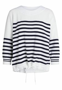 Striped sweater with white and navy horizontal stripes, drop shoulder design, round neckline, and adjustable drawstring at the hem.