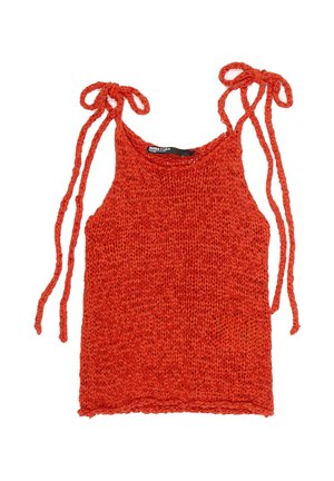 Canotta lavorata a maglia di colore ruggine con spalline regolabili a fiocco su ciascuna spalla, caratterizzata da una trama intrecciata e un orlo dritto.