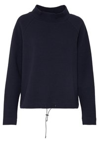 Marinblå texturerad sweatshirt med hög krage, långa raglanärmar och en justerbar dragsko i fållen. Avslappnad och lös passform.