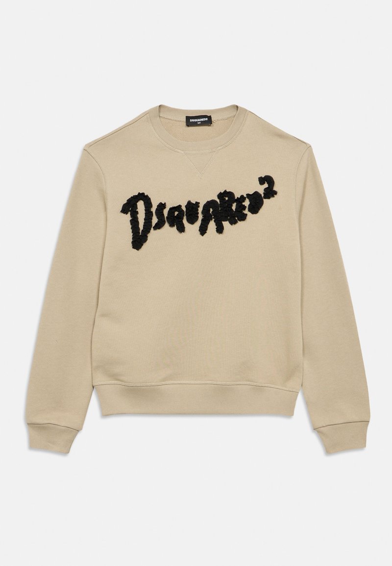 Sweat-shirt beige à manches longues avec poignets et ourlet côtelés, arborant un logo "Dsquared²" texturé noir sur la poitrine.