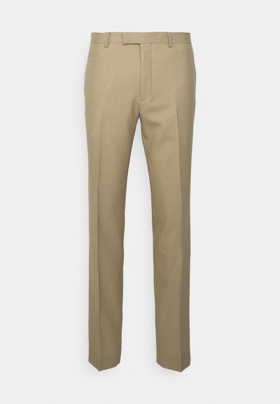 Beige szabott nadrág szőtt anyagból, egyenes lábbal, gyűrődés részletekkel és klasszikus derékkal, övbújtatókkal.