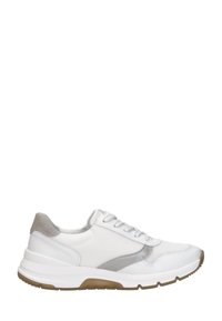 White low-top sneaker with gray accents, mesh and leather upper, lace-up closure, and brown rubber sole.