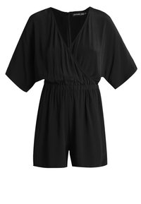 Romper negro de mangas cortas con diseño envolvente, que cuenta con una cintura elástica y un cierre de cremallera en la espalda. Tela suave con una silueta fluida.