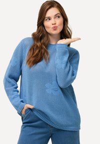 Hellblauer Strickpullover mit floralem Muster, Rundhalsausschnitt und gerippten Bündchen, kombiniert mit blauer Jeans. Die strukturierte Strickmusterung sorgt für Details.