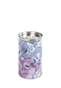Latta cilindrica viola con un coperchio metallico, caratterizzata da un design di personaggi dei cartoni animati e dal testo "L'amore è magia" su uno sfondo azzurro chiaro.