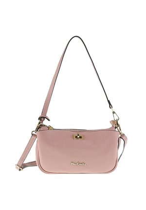 Roze leren handtas met een korrelige structuur, een ritssluiting en een goudkleurige metalen accenten. Voorzien van een afneembare schouderband.