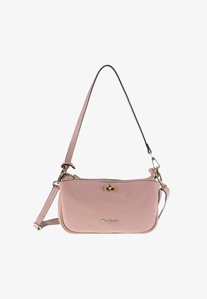 Rosa Lederhandtasche mit genarbter Struktur, Reißverschluss und goldfarbenem Hardware-Akzent. Verfügt über einen abnehmbaren Schulterriemen.