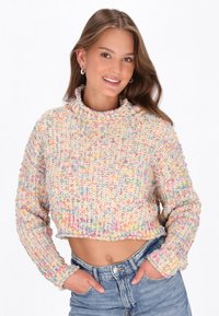 Gehaakte trui met een hoge hals, kleurrijk gespikkeld patroon in pastelkleuren, cropped design en lange mouwen.