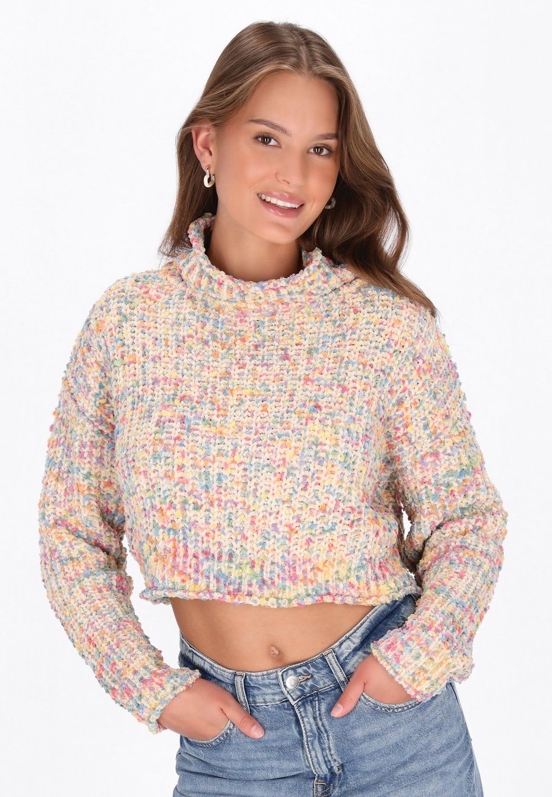 Gehaakte trui met een hoge hals, kleurrijk gespikkeld patroon in pastelkleuren, cropped design en lange mouwen.