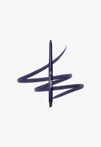 Lilla eyeliner blyant med en spids ende og en smudger i bunden. To kraftige linjer af matchende lilla smudg nedenfor, sat mod en hvid baggrund.