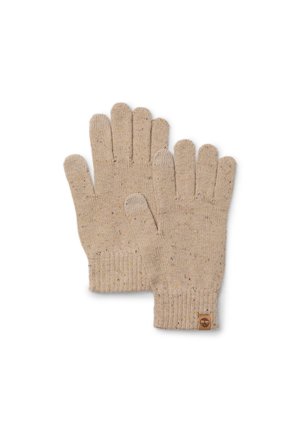 Beige knit gloves with a textured surface, featuring subtle speckles and ribbed cuffs. A logo patch is sewn on the wrist area.