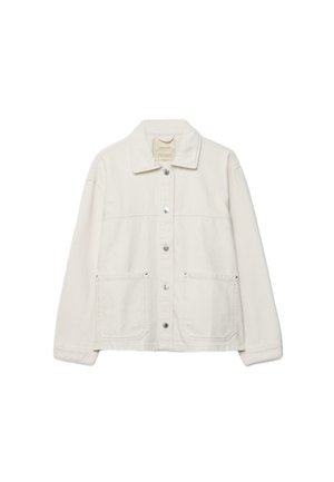 Off-white Hemdblazer mit Kragen, langen Ärmeln, zwei aufgesetzten Taschen vorne und silbernen Druckknöpfen in der Mitte.