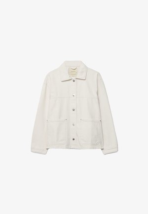 Off-white Hemdblazer mit Kragen, langen Ärmeln, zwei aufgesetzten Taschen vorne und silbernen Druckknöpfen in der Mitte.