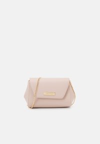 Light pink crossbody bag made of textured synthetic leather, featuring a gold chain strap and a gold-tone logo plate on the front.