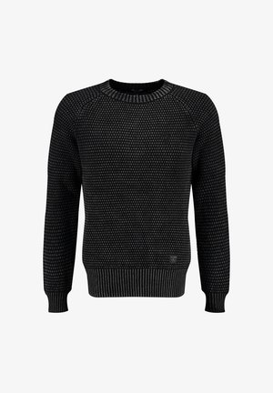 Schwarzer gestrickter Pullover mit strukturiertem Muster, Rundhalsausschnitt und gerippten Bündchen und Saum. Verfügt über ein kleines Logotag nahe dem Saum.