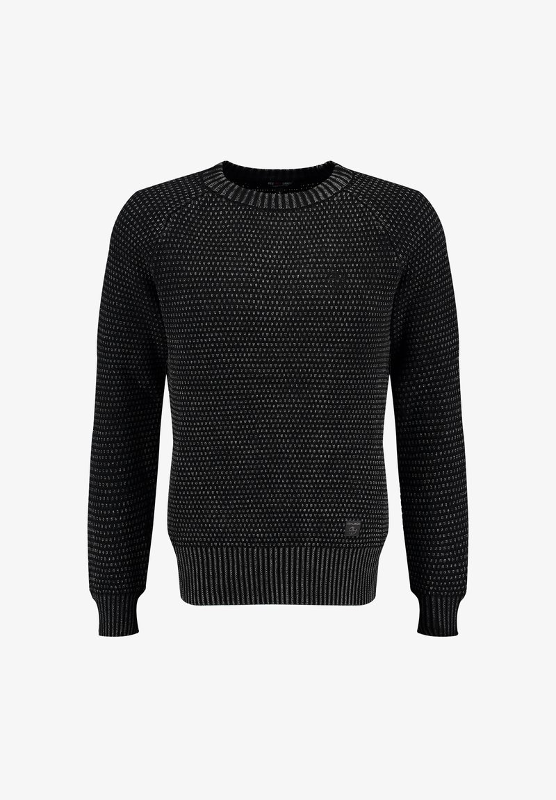 Schwarzer gestrickter Pullover mit strukturiertem Muster, Rundhalsausschnitt und gerippten Bündchen und Saum. Verfügt über ein kleines Logotag nahe dem Saum.