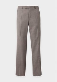 Pantalon de costume droit à carreaux marron et gris avec passants de ceinture, plis sur l'avant et coupe ajustée sur fond blanc.