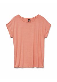 Lys koralfarvet t-shirt med korte ærmer, afslappet pasform og bred rund halsudskæring; lavet af blødt, tekstureret stof med subtile variationer.