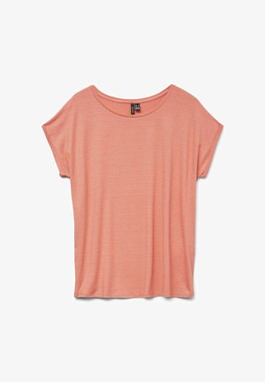 T-shirt léger en corail à manches courtes avec une coupe décontractée et un large col ; fabriqué en tissu doux et texturé avec des variations subtiles.