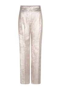 Metaalachtige zilveren broek met een brede pijp en een gladde, glanzende textuur. Kenmerkt zich door het voorpanden en een op maat gemaakte tailleband voor een gestructureerde pasvorm.