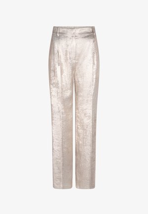 Metallisch silberne, weit geschnittene Hosen mit glatter, glänzender Textur. Verfügt über Vorderfalten und einen maßgeschneiderten Bund für einen strukturierten Sitz.