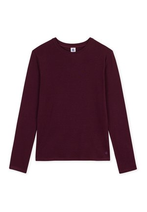 Chemise bordeaux foncé à manches longues et col rond, présentée à plat sur fond blanc.