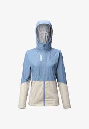 Light blue and beige waterproof jacket with a hood, front zipper, and two side pockets. Features a color-block design and logo.