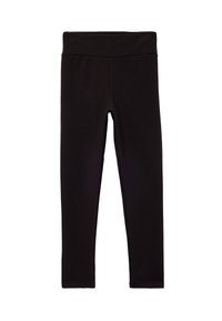 Zwarte leggings van rekbaar materiaal, met een hoge tailleband, een aansluitende snit en een gladde textuur, zonder zichtbare naden of logo's.
