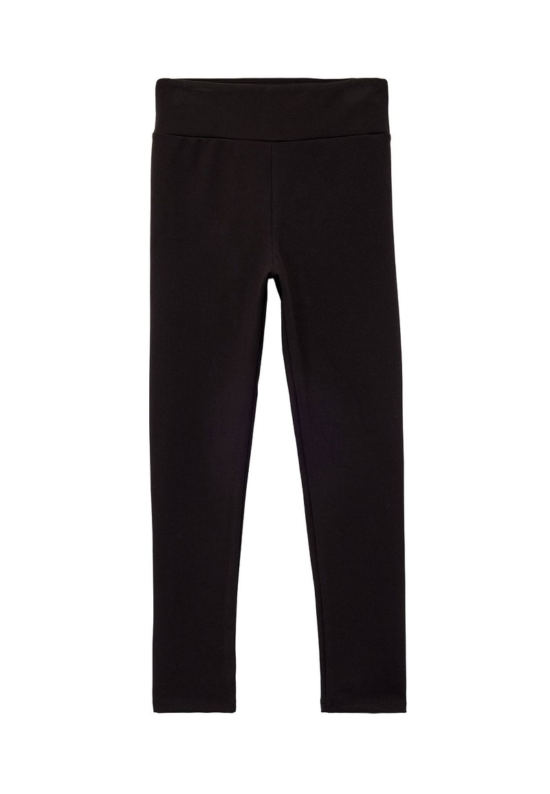 Zwarte leggings van rekbaar materiaal, met een hoge tailleband, een aansluitende snit en een gladde textuur, zonder zichtbare naden of logo's.