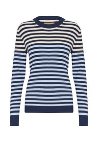 Pruhovaný sveter v námornícke modrej, svetlomodrej a krémovej farbe; rebrovaná textúra, okrúhly výstrih, dlhé rukávy, priliehavý strih.