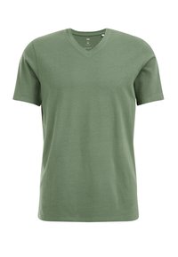 Grøn kortærmet T-shirt lavet af blød bomuld, med V-halsdesign og en afslappet pasform. Glat tekstur uden mønstre eller accenter.