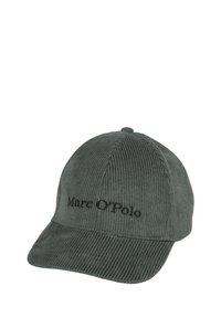 Szara czapka z daszkiem wykonana z sztruksu, z zakrzywionym daszkiem i wyhaftowanym logo "Marc O'Polo" na przodzie. Materiał ma pionowe prążki.