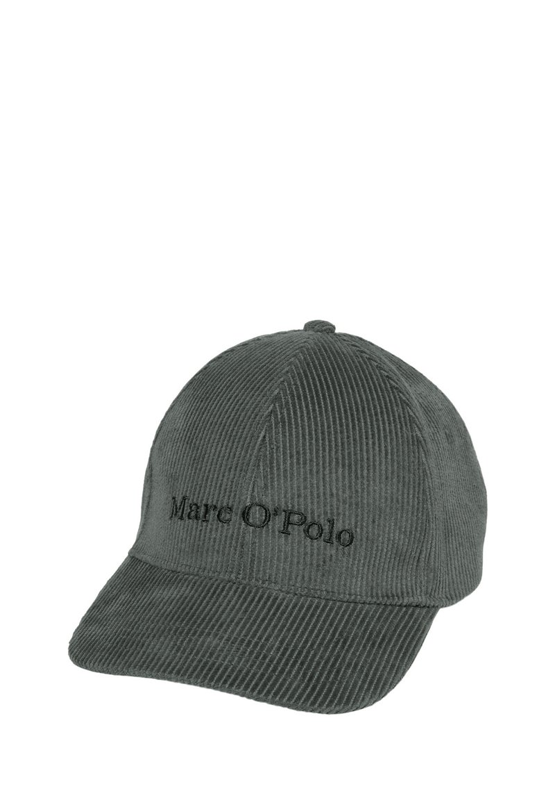 Szara czapka z daszkiem wykonana z sztruksu, z zakrzywionym daszkiem i wyhaftowanym logo "Marc O'Polo" na przodzie. Materiał ma pionowe prążki.
