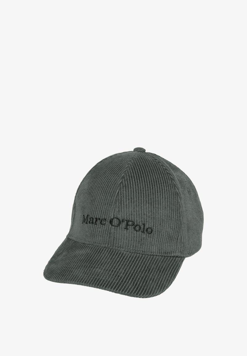 Szara czapka z daszkiem wykonana z sztruksu, z zakrzywionym daszkiem i wyhaftowanym logo "Marc O'Polo" na przodzie. Materiał ma pionowe prążki.