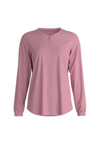 Roze langemouwen shirt met een ronde halslijn en een vijfknopen-sluiting, gemaakt van zacht materiaal, met een ontspannen pasvorm en een gladde textuur.