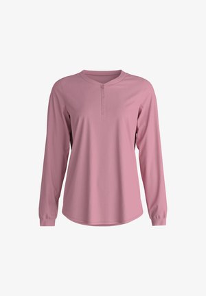 Roze langemouwen shirt met een ronde halslijn en een vijfknopen-sluiting, gemaakt van zacht materiaal, met een ontspannen pasvorm en een gladde textuur.