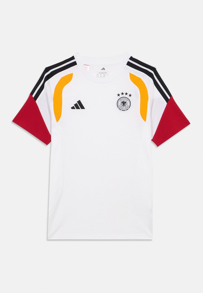 Maillot de sport blanc avec des accents noirs, rouges et jaunes. Présente trois étoiles au-dessus de l'emblème national. Fabriqué en tissu léger.