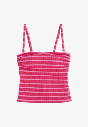 Rozā krāsas strapless tops ar baltām horizontālām svītrām, izgatavots no elastīga materiāla, ar piegulošu dizainu un teksturētu virsmu.