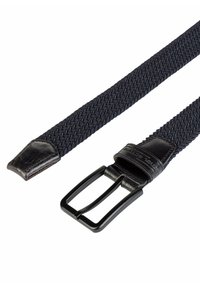 Geweven marineblauwe stofriem met een zwarte leren punt en metalen gesp. Beschikt over een textuurafwerking en een stevige, verstelbare constructie.