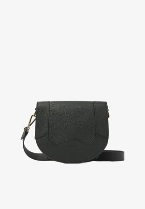 Black leather crossbody bag with a textured surface, curved flap, and adjustable strap. Features a subtle brand logo on the front.