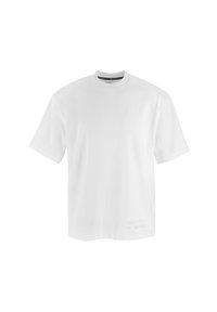 White short-sleeve T-shirt made of smooth fabric, featuring a crew neckline and minimalistic design with subtle branding near the hem.