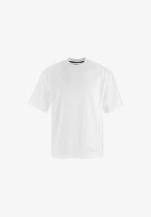 White short-sleeve T-shirt made of smooth fabric, featuring a crew neckline and minimalistic design with subtle branding near the hem.