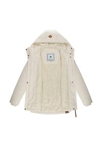Lichte crèmekleurige jas met een capuchon, drukknoopsluiting, gewatteerde voering en een logo-label. Zachte textuur, strakke uitstraling en subtiele contrastaccenten.