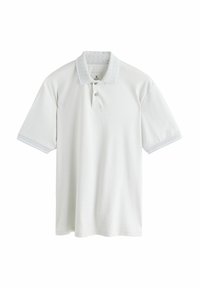 Weißes Poloshirt aus Baumwolle mit einem strukturierten, hellblauen Kragen und Ärmelakzenten. Mit einem Zwei-Knopf-Verschluss.