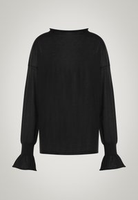 Svart långärmad topp med hög halsringning, lös passform och samlade ärmslut med utställd design. Mjuk, lättviktig tyg.