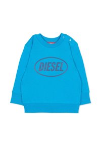 Felpa di cotone blu con maniche lunghe, polsini a costine e scollo tondo. Presenta un grande logo "DIESEL" blu scuro in un ovale sul davanti.